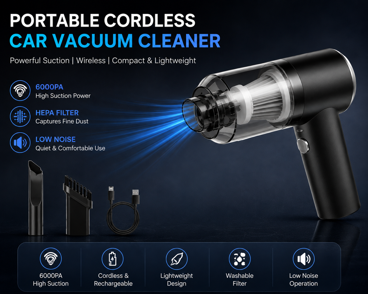 🚗 3-in-1 Portable Cordless Car Vacuum Cleaner | Powerful Cleaning & Air Blower