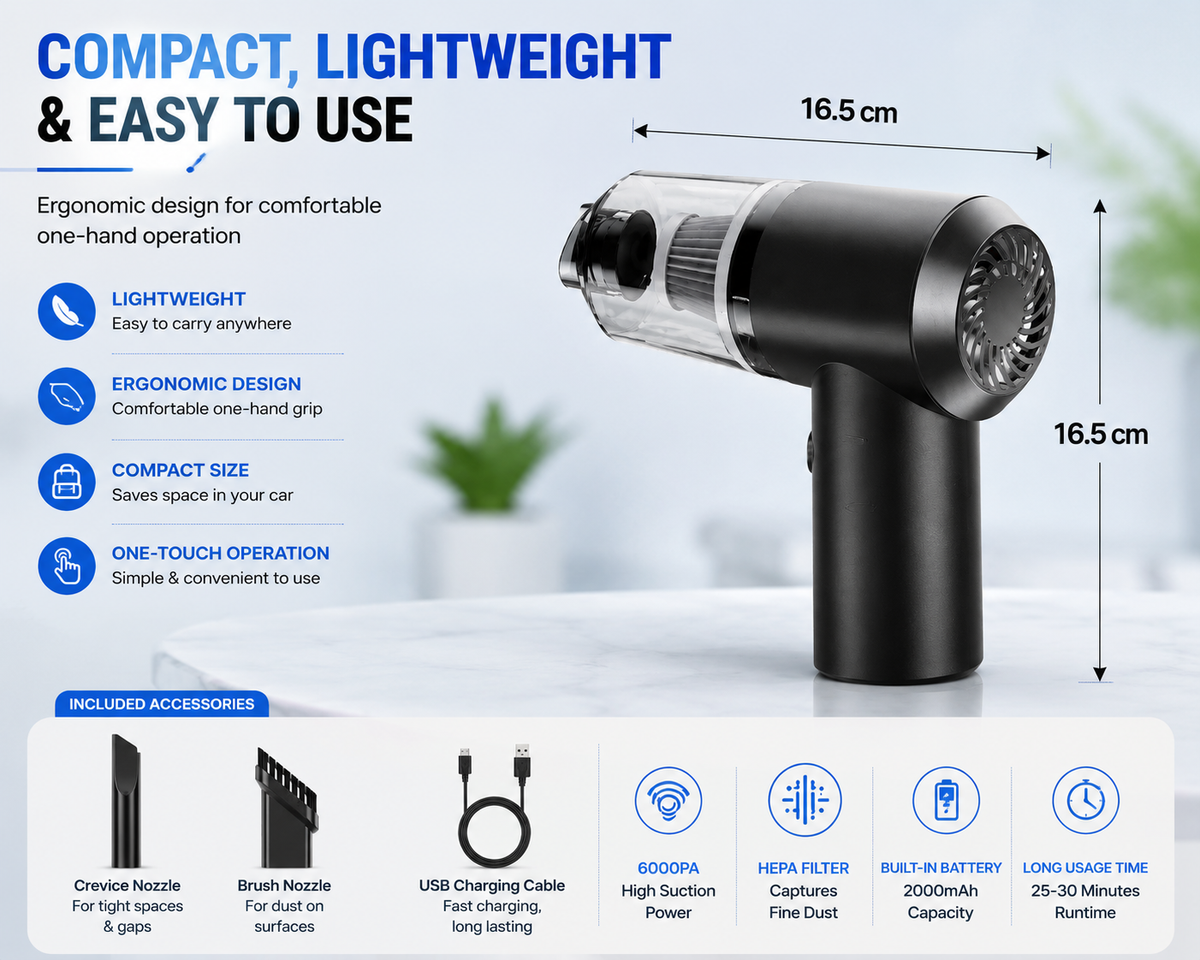 🚗 3-in-1 Portable Cordless Car Vacuum Cleaner | Powerful Cleaning & Air Blower