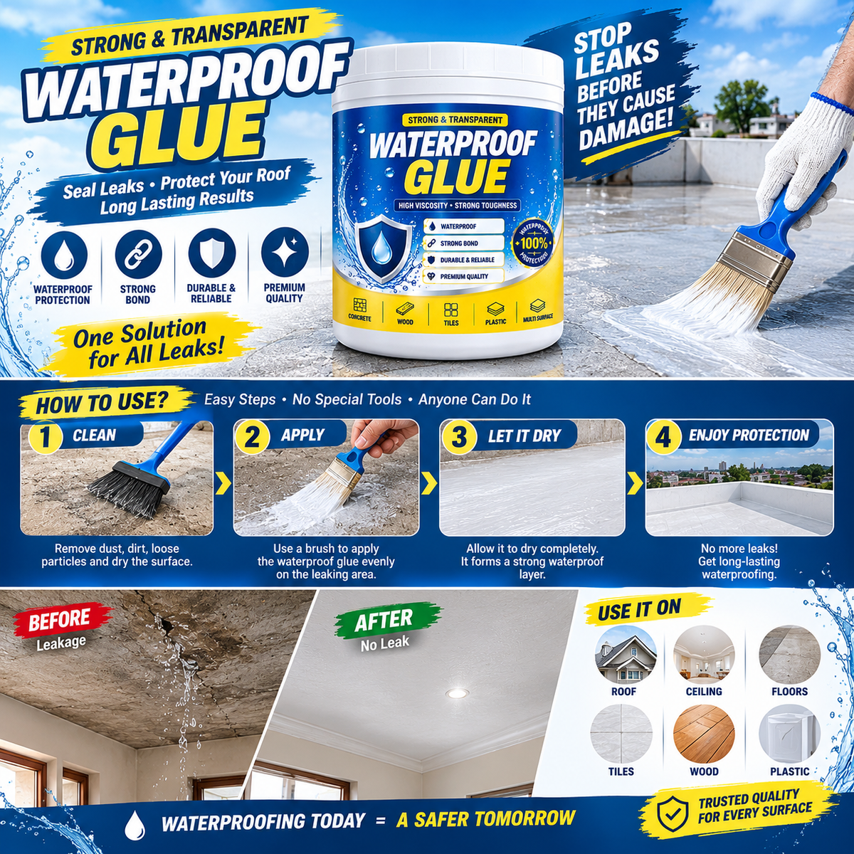 💧 Ultra Strong Transparent Waterproof Glue | Instant Leak Repair Sealant for Roof, Walls, Bathroom & Pipes