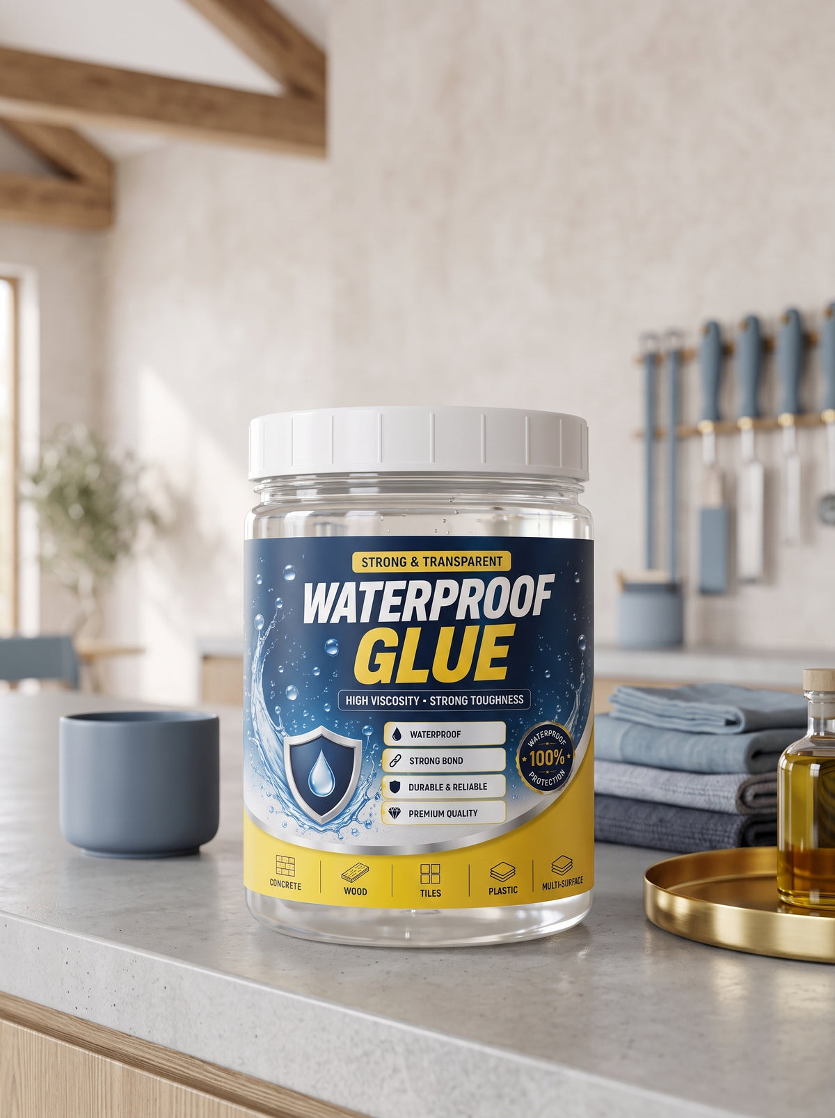 A transparent waterproof glue bottle displayed on a professional surface with slate blue and golden honey interior decor.