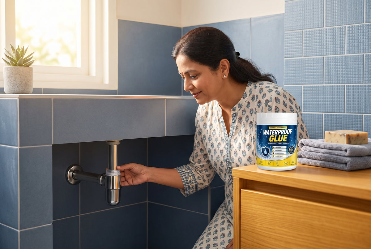 A South Asian person inspecting a repaired pipe in a modern bathroom with blue-toned decor and a bottle of clear waterproof g
